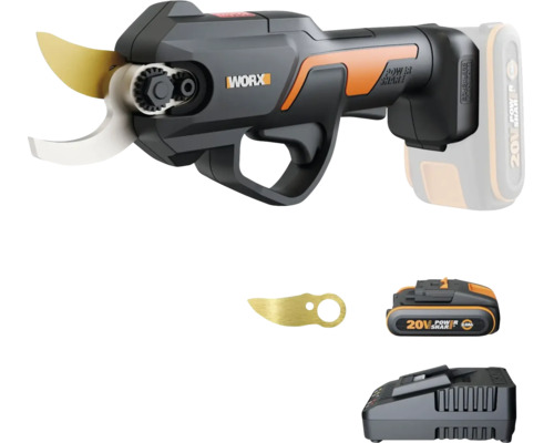 WORX Akku-Astschere 20 Volt inklusive Akku, Ladegerät und einer Ersatzklinge.