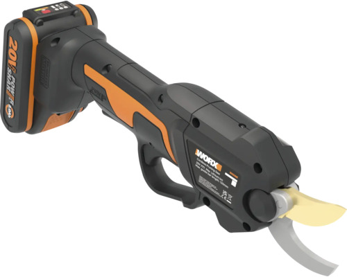 Worx Akku-Astschere mit einem 20 Volt Akku.
