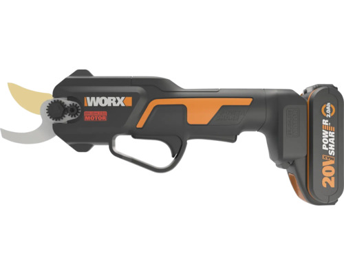 Akku-Astschere von Worx mit bürstenlosem Motor und 20 Volt Akku für präzise Schnitte im Garten.