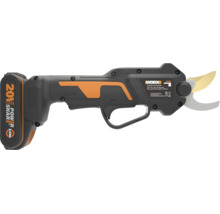 Akku-Astschere von WORX, 20 Volt, mit ergonomischem Griff und gebogener Klinge.