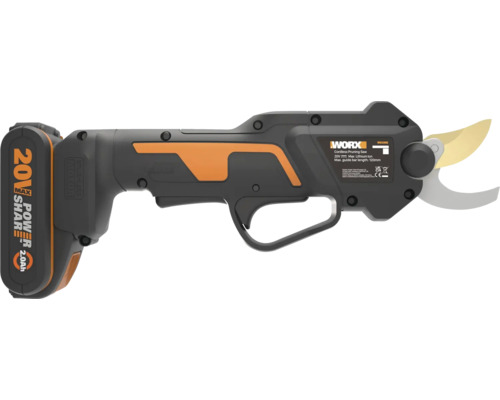 Akku-Astschere von WORX, 20 Volt, mit ergonomischem Griff und gebogener Klinge.
