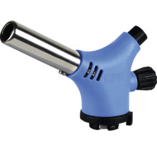 Blauer Gasbrenner-Aufsatz für Gaskartuschen mit Metall-Düse, Drehregler und Piezo-Zündung.