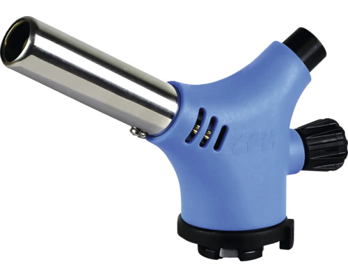 Blauer Gasbrenner-Aufsatz für Gaskartuschen mit Metall-Düse, Drehregler und Piezo-Zündung.