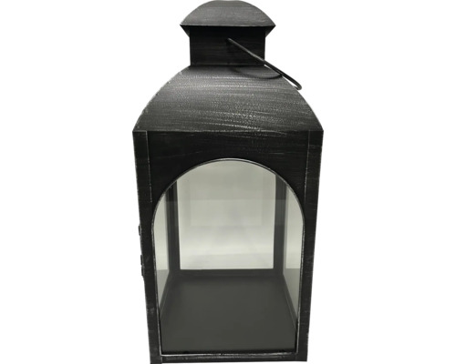 Schwarze Laterne aus Metall mit Glaseinsätzen und Tragegriff, rustikaler Stil.