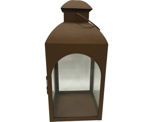 Braune Windlichtlaterne aus Metall und Glas mit gewölbtem Dach und Tragegriff.