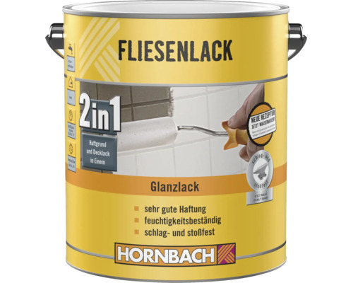 Hornbach Fliesenlack 2in1 Glanzlack, wasserbasiert, Grundierung und Decklack kombiniert, für innen, schlagfest und feuchtigkeitsbeständig.