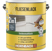 Hornbach Fliesenlack 2 in 1, seidenmatt, wasserbasiert, schlagfest und stoßfest, für Innenräume. Hornbach Logo.