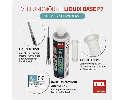 TOX Verbundmörtel Liquix Base P7 Set mit Statikmischer, Ankerhülse, ETA-Zulassung und CE-Kennzeichnung für Beton, Loch- und Vollstein.