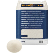 Flair Stone Logo, 25 Kilogramm Sack Quarzsand, Körnung 0,1 bis 0,4 Millimeter, feuergetrocknet und mehrfach gewaschen.