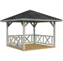 Gartenpavillon aus Holz mit Walmdach, Schindeln und Brüstung mit Kreuzstreben.