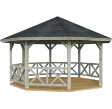 Achteckiger Gartenpavillon aus Holz mit Schindeldach, Geländer mit Kreuzdekor und Holzboden.