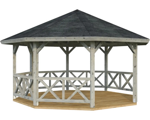 Achteckiger Gartenpavillon aus Holz mit Schindeldach, Geländer mit Kreuzdekor und Holzboden.