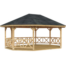 Sechseckiger Gartenpavillon aus Holz mit dunklem Schindeldach und umlaufendem Holzgeländer.