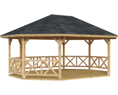 Sechseckiger Gartenpavillon aus Holz mit dunklem Schindeldach und umlaufendem Holzgeländer.