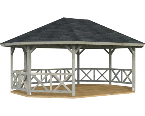 Gartenpavillon aus Holz mit dunklem Schindeldach, integriertem Holzboden und dekorativem X-Geländer.