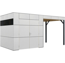 Modernes Gartenhaus mit integriertem Schleppdach und Doppeltür sowie schmalem Fensterband in rechteckigem Design.