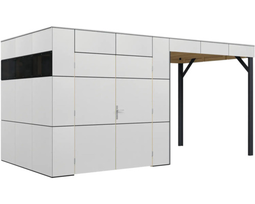 Modernes Gartenhaus mit integriertem Schleppdach und Doppeltür sowie schmalem Fensterband in rechteckigem Design.