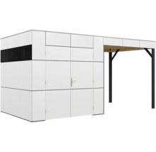 Modernes Gartenhaus mit integriertem Schleppdach und Doppeltür sowie schmalem Fensterband in minimalistischem Design
