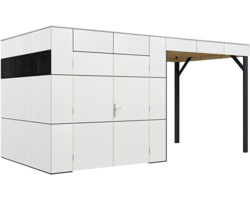 Modernes Gartenhaus mit integriertem Schleppdach und Doppeltür sowie schmalem Fensterband in minimalistischem Design