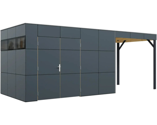Modernes Gartenhaus mit integriertem Carport aus Plattenelementen und Doppeltür sowie einem schmalen Fensterband.