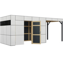Modernes Gartenhaus mit integriertem Carport und Tür, aus Holz und Plattenelementen.