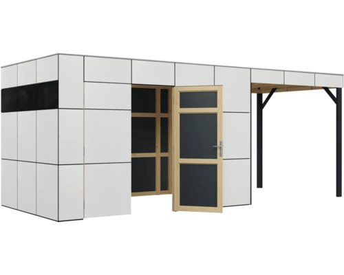 Modernes Gartenhaus mit integriertem Carport und Tür, aus Holz und Plattenelementen.