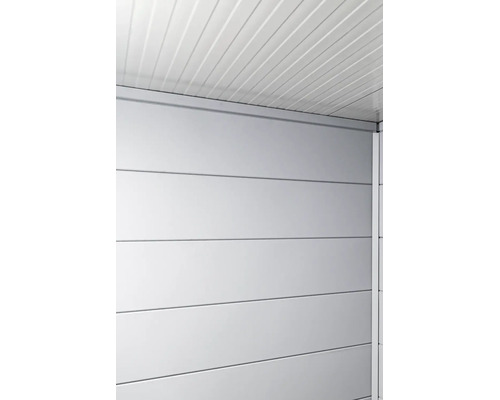 Innenansicht eines Gerätehauses mit horizontalen Wandpaneelen aus Metall und einer profilierten Deckenverkleidung.