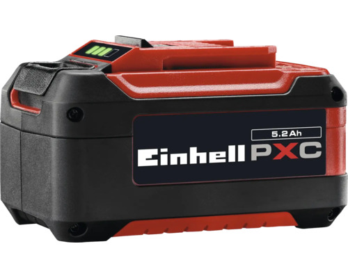 Einhell PXC Akku mit 5,2 Amperestunden Kapazität und Ladestandsanzeige.