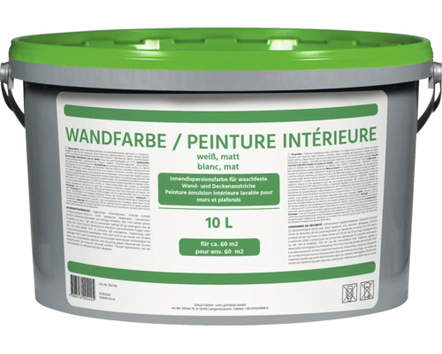 Innendispersionsfarbe für Wand- und Deckenanstriche, matt, weiß, 10 Liter, Reichweite circa 60 Quadratmeter.
