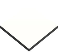 Hochdrucklaminatplatte in Weiß mit dunklem Kern, quadratisch.