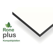 Nahaufnahme der Ecke einer Rone plus Kompaktplatte mit dunklem Kern und heller Oberfläche, Rone plus Logo.