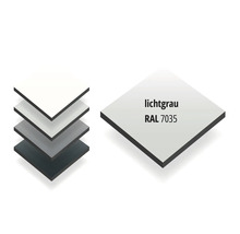Quadratisches Materialmuster in Lichtgrau RAL 7035, dargestellt als Einzelplatte und in einem Stapel.
