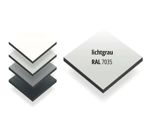 Quadratisches Materialmuster in Lichtgrau RAL 7035, dargestellt als Einzelplatte und in einem Stapel.