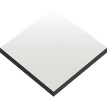 Quadratische Bauplatte mit weißer Oberfläche und dunklem Kern.