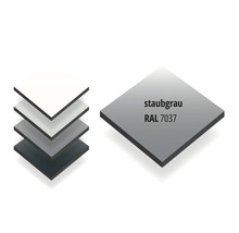 Farbmuster für Verbundplatten in Staubgrau RAL 7037, quadratische Musterplatte mit dunkler Schnittkante.