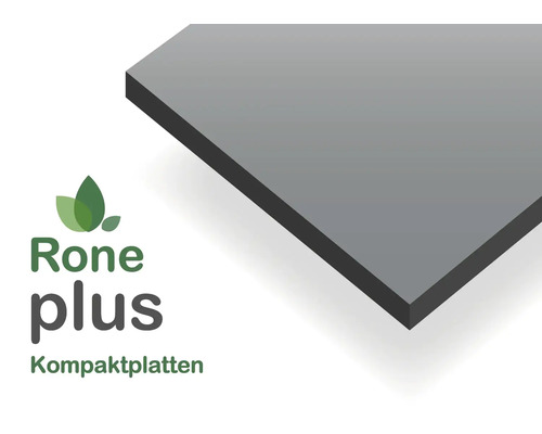 Rone plus Kompaktplatte, graue Platte mit schwarzem Kern, Rone plus Logo.