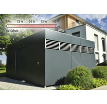 Modernes, kubisches Gerätehaus mit Belüftungslamellen und einer Anzeige für 100 Prozent Ultraviolett-Schutz in einem Garten.