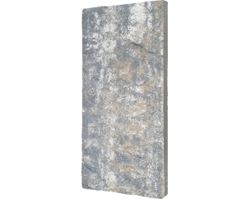 Rechteckiger Mauerstein aus Beton mit einer grau-melierten, strukturierten Oberfläche.