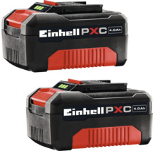 Zwei Einhell Power X-Change Akkus mit 4,0 Amperestunden Kapazität und Ladestandsanzeige.