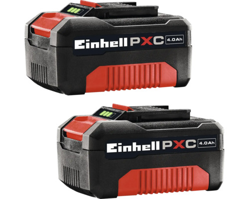 Zwei Einhell Power X-Change Akkus mit 4,0 Amperestunden Kapazität und Ladestandsanzeige.