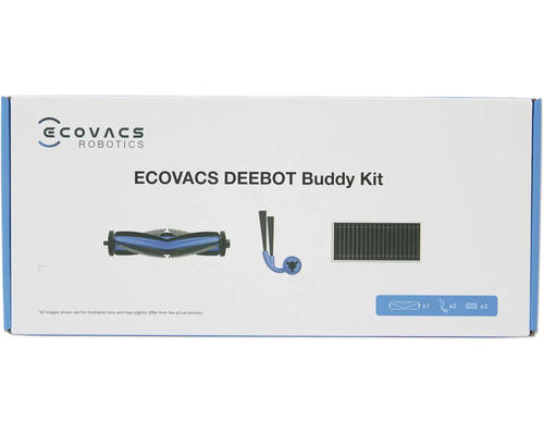Ecovacs Deebot Buddy Kit Zubehörset mit Hauptbürste, Seitenbürsten und Filtern für Saugroboter in der Produktverpackung
