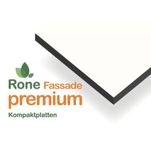 Rone Logo mit Schriftzug Fassade premium Kompaktplatten und Detailansicht der Kante einer Fassadenplatte.