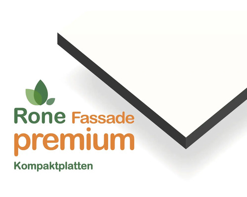 Rone Logo mit Schriftzug Fassade premium Kompaktplatten und Detailansicht der Kante einer Fassadenplatte.