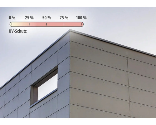Außenfassade mit modernen grauen Fassadenplatten und einer Anzeige für einhundert Prozent Ultraviolett-Schutz.