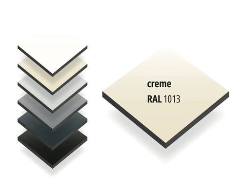 Hochdrucklaminat-Plattenmuster in Creme RAL 1013 mit schwarzem Kern und Stapel verschiedener Farbmuster.