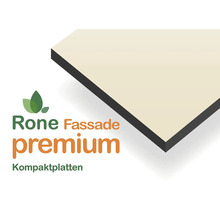 Rone Fassade premium Kompaktplatte mit Detailansicht der Kante, Rone Logo.