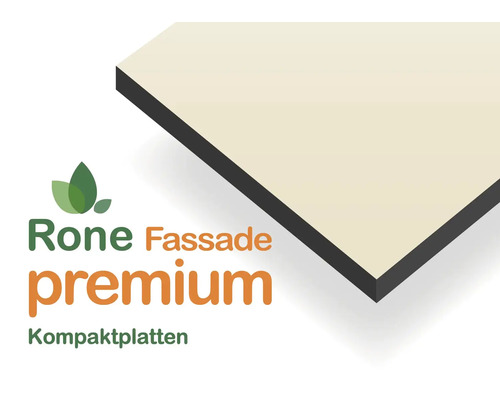 Rone Fassade premium Kompaktplatte mit Detailansicht der Kante, Rone Logo.