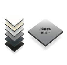 Alu-Verbundplatte in Staubgrau RAL 7037, Stapel verschiedener Farbmuster.