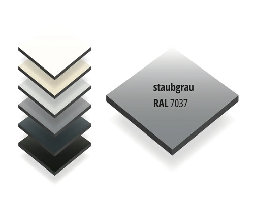 Alu-Verbundplatte in Staubgrau RAL 7037, Stapel verschiedener Farbmuster.
