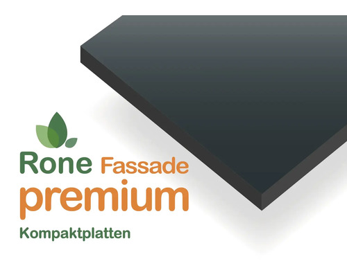 Detailansicht einer Rone Fassade Premium Kompaktplatte in Anthrazit mit Rone Logo.